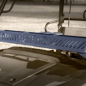 A blue utv with a metal rack on the hood.