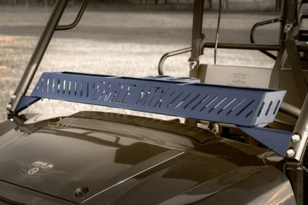 A blue utv with a metal rack on the hood.