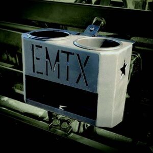 A metal trash receptacle with the word emtx on it.