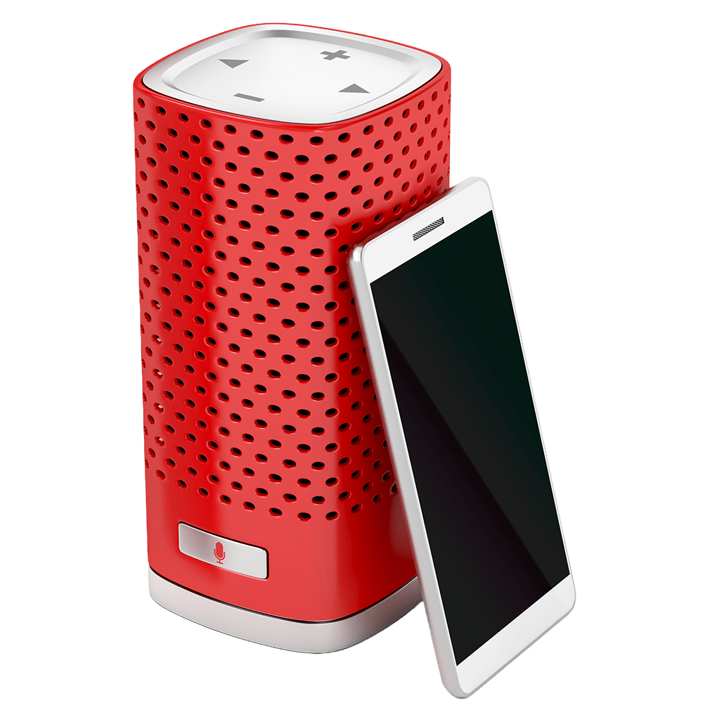 A red speaker next to a cell phone.
